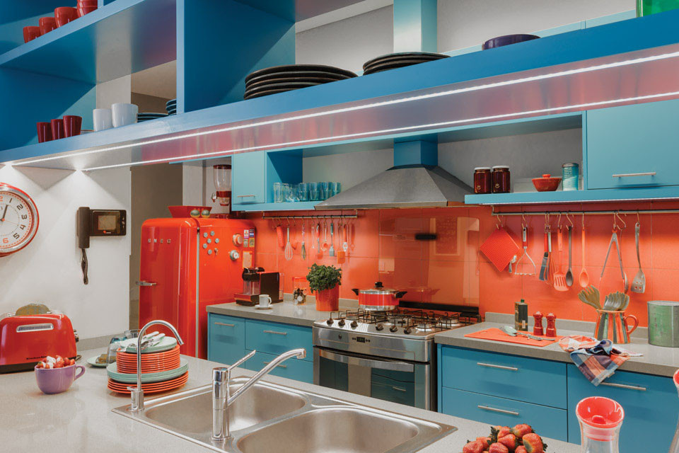 Kitchen Designs Vibrant Colors Vibrant Kitchen Design with Azure Blue and Red orange