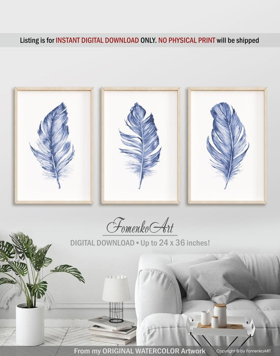 Arts for Bedroom Walls Extra Large Wall Art Bedroom Wall Decor Living Room Decor Downloadable Prints Blue Feather Print Feather Art Gallery Wall Set Of 3 Prints
