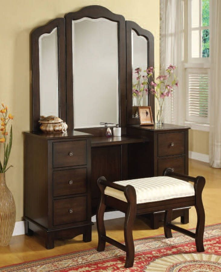 Bedroom Vanity with Drawers Annapolis Brown Wood 3pc Vanity