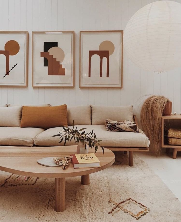 Burnt orange Living Room Decor Warm Neutral Interior Wooden Coffee Table Cream sofa