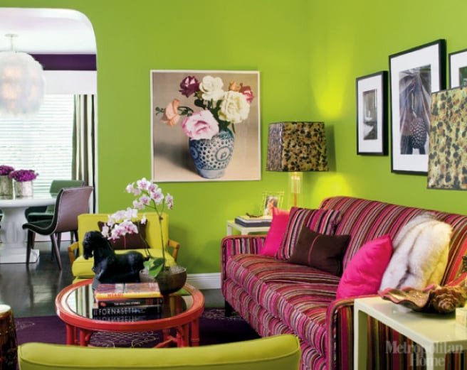 Lime Green Living Room Decor In A Modern Meets Retro Living Room Lime Green Walls Mix