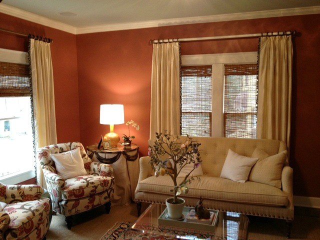 Traditional Draperies Living Room Cream Silk Curtain Panels with Trim Down Leading Edge
